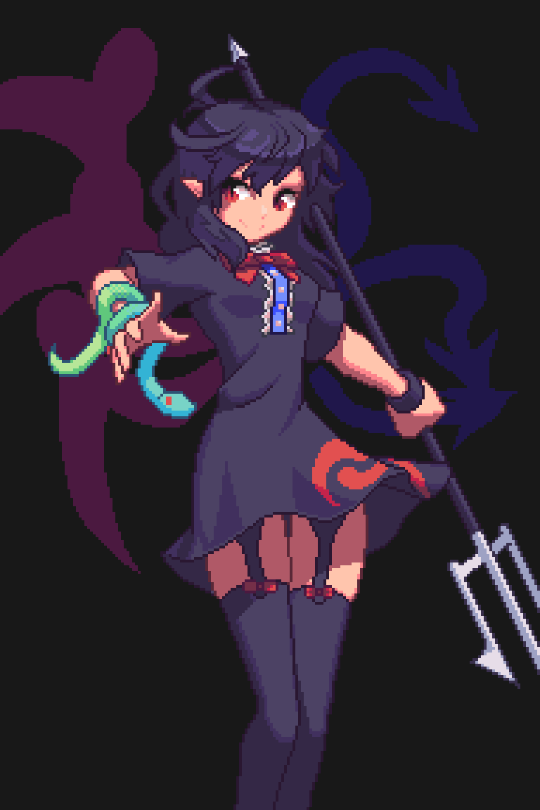 1girl, ahoge, asymmetrical_wings, black_background, black_dress, black_hair, blue_wings, bow