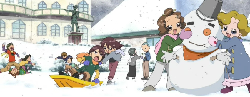 4girls, 6+boys, angry, blonde_hair, blue_hair, brown_hair, bucket, building, child, coat, highres, manda_junji, manda_yoko, maruyama_miho, multiple_boys, multiple_girls, ojamajo_doremi, outdoors, sagawa_yuji, sato_natsumi, scarf, sled, smile, snow, snowball, snowball_fight, snowing, snowman, statue, stitched, third-party_edit, yokokawa_nobuko