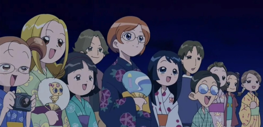 3boys, 6+girls, child, festival, glasses, hand_fan, highres, ijuuin_sachiko