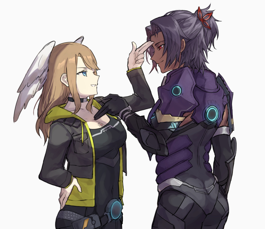 2girls, ashera_(xenoblade), blue_eyes, breast_tattoo, breasts, choker, commentary, cowboy_shot