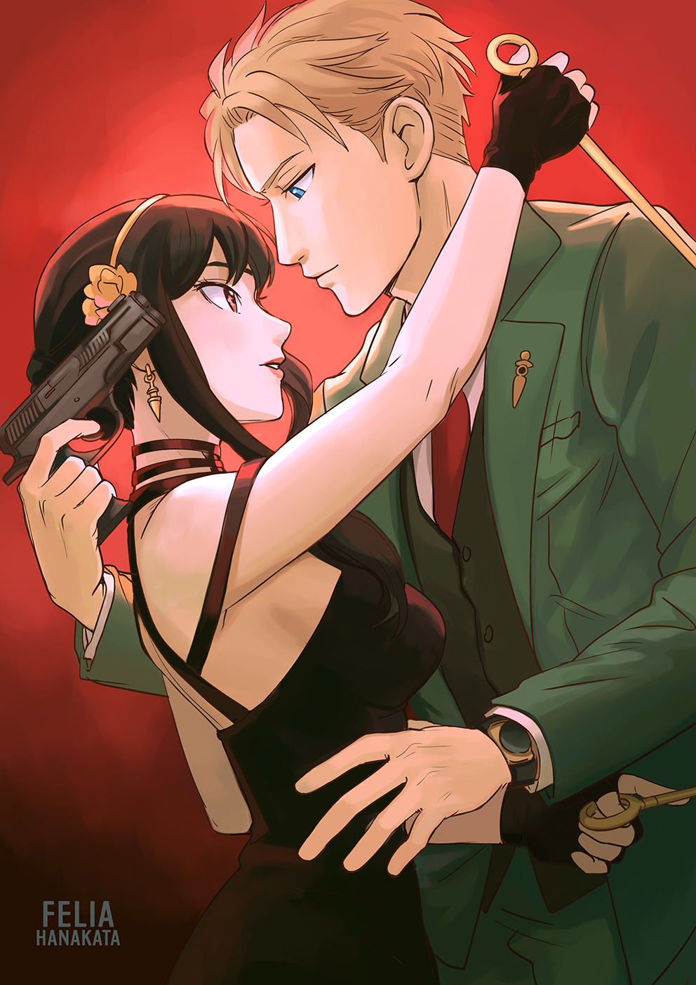 1boy, 1girl, artist_name, black_dress, black_gloves, black_hair, blazer, blonde_hair