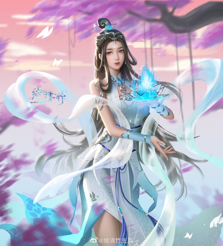 1girl, absurdres, bare_legs, blue_fire, branch, brown_hair, bug, butterfly