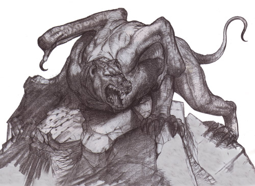 all_fours, boulder, carlos_huante, claws, concept_art, cut_content, folded_wings, giant