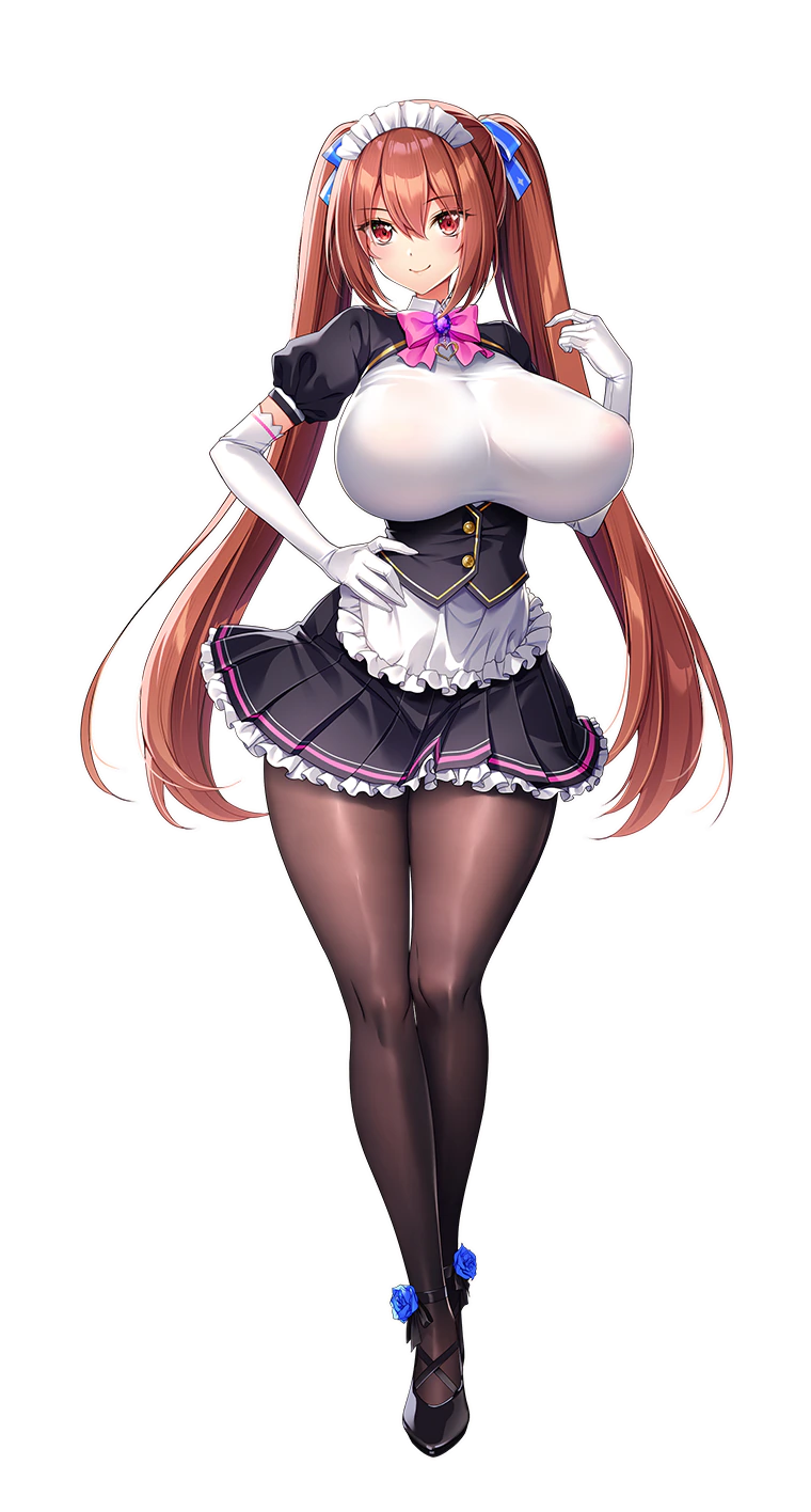 akagi_rio, apron, breasts, brown_hair, daiwa_scarlet_(umamusume), highres, huge_breasts, maid, maid_apron, maid_headdress, motto!_haramase!_(series), motto!_haramase!_honoo_no_oppai_isekai_oppai_maid_gakuen!, myoudou_mei, pantyhose, parody, transparent_background, twintails, umamusume