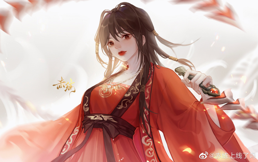 1girl, bead_necklace, beads, breasts, chi_lian_(qin_shi_ming_yue), chi_lian_shangxian_liao_ma, chinese_clothes, closed_mouth, dress, expressionless, falling_petals, from_below, glowing, glowing_petals, hair_ornament, highres, holding, holding_whip, jacket, jewelry, long_sleeves, medium_breasts, medium_hair, necklace, petals, qinshi_mingyue, red_dress, red_jacket, solo, upper_body, white_background