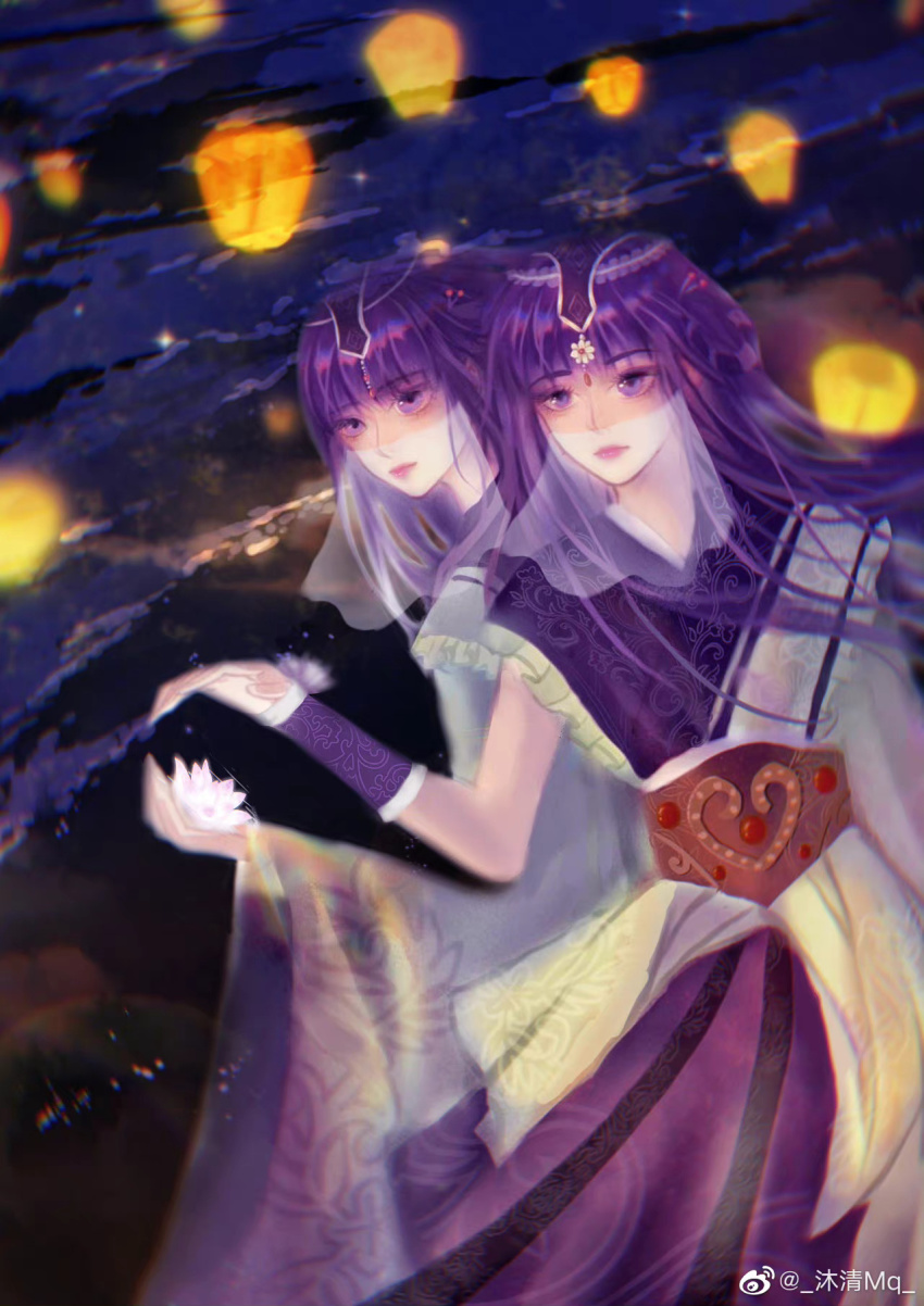 2girls, armband, asymmetrical_sleeves, closed_mouth, dual_persona, expressionless, flower, hair_ornament