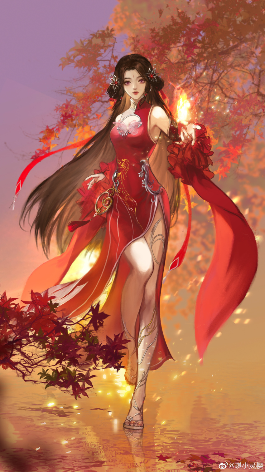 1girl, absurdres, artist_request, bare_legs, brown_hair, china_dress, chinese_clothes, cleavage_cutout, closed_mouth, clothing_cutout, detached_sleeves, dress, embers, expressionless, facial_mark, fire, forehead_mark, full_body, glowing, hair_ornament, hair_rings, highres, huo_linger_(wanmei_shijie), leaf, long_hair, maple_leaf, red_dress, sandals, second-party_source, solo, wanmei_shijie