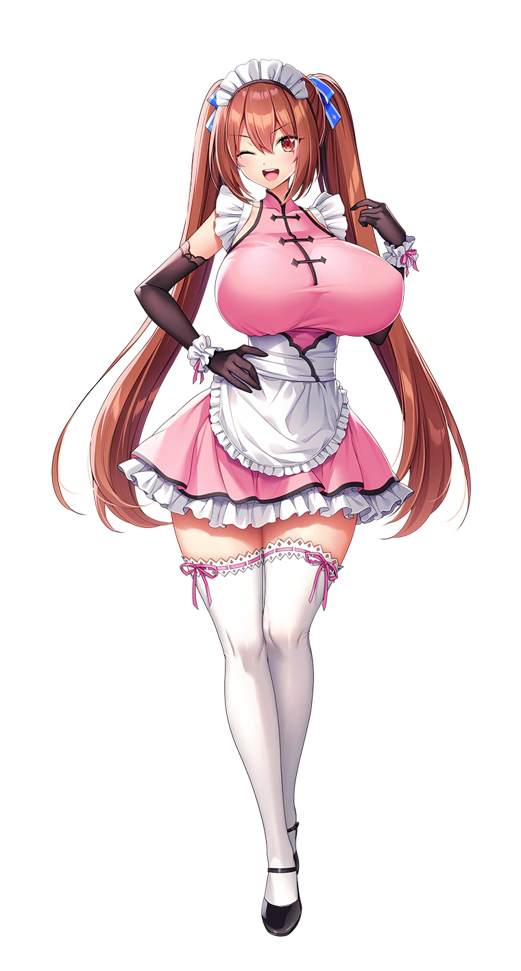 akagi_rio, apron, breasts, brown_hair, highres, huge_breasts, maid, maid_apron, maid_headdress, motto!_haramase!_(series), motto!_haramase!_honoo_no_oppai_isekai_oppai_maid_gakuen!, myoudou_mei, one_eye_closed, smile, thighhighs, transparent_background, twintails, wink