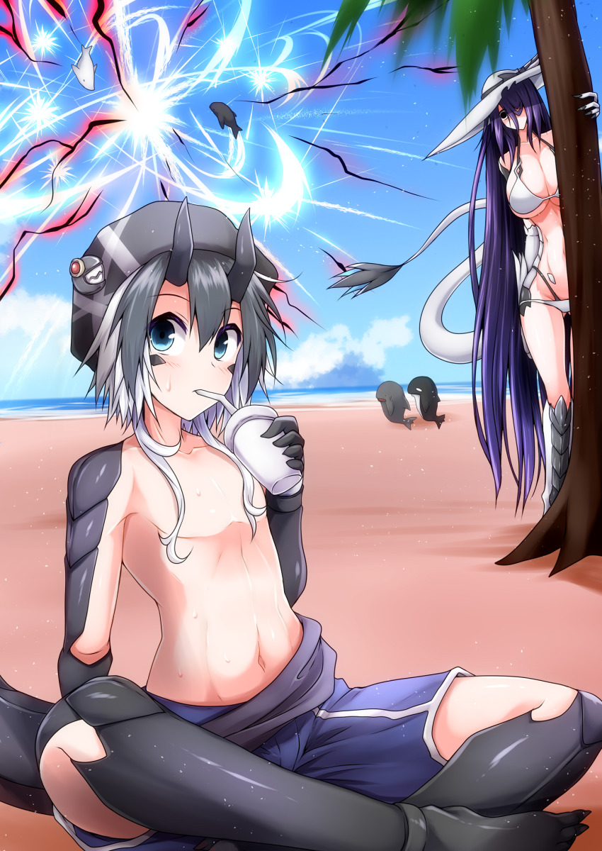 1boy, 1girl, arm_support, bare_shoulders, battle, beach, bikini, black_hair