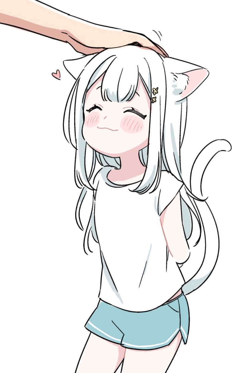 1girl, 1other, animal_ears, arms_behind_back, blue_shorts, blush_stickers, cat_ears, cat_girl