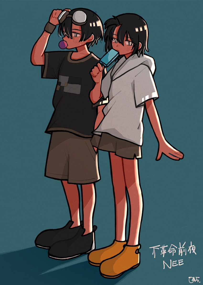 1boy, 1girl, black_eyes, black_footwear, black_hair, black_shirt, blue_background, brown_shorts, chewing_gum, closed_mouth, commentary_request, expressionless, food, fukakumei_zen'ya, full_body, goggles, hair_between_eyes, highres, holding, hood, hoodie, looking_afar, looking_at_viewer, nee_(band), oshikkoman, popsicle, shirt, shoes, short_hair, shorts, simple_background, white_hoodie, wristband, yellow_shoes