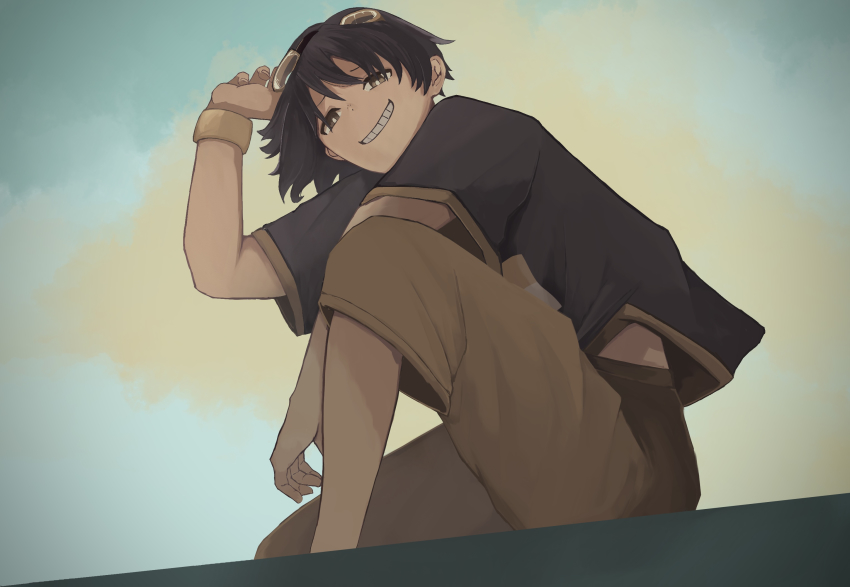 1boy, black_hair, black_shirt, blue_sky, bright_pupils, brown_eyes, brown_shorts, cloud