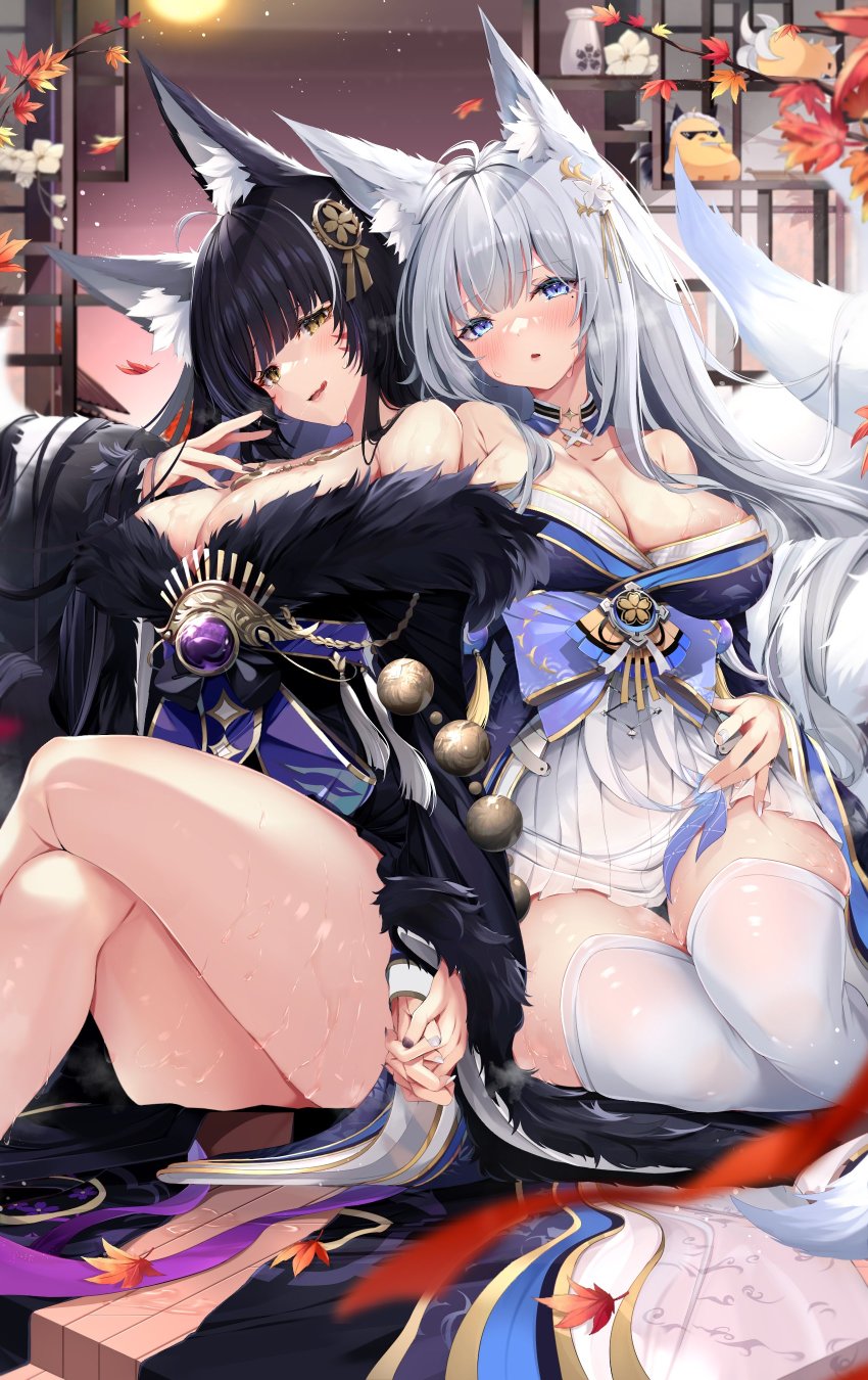 2girls, absurdres, animal_ear_fluff, animal_ears, azur_lane, bare_shoulders, beads, black_hair