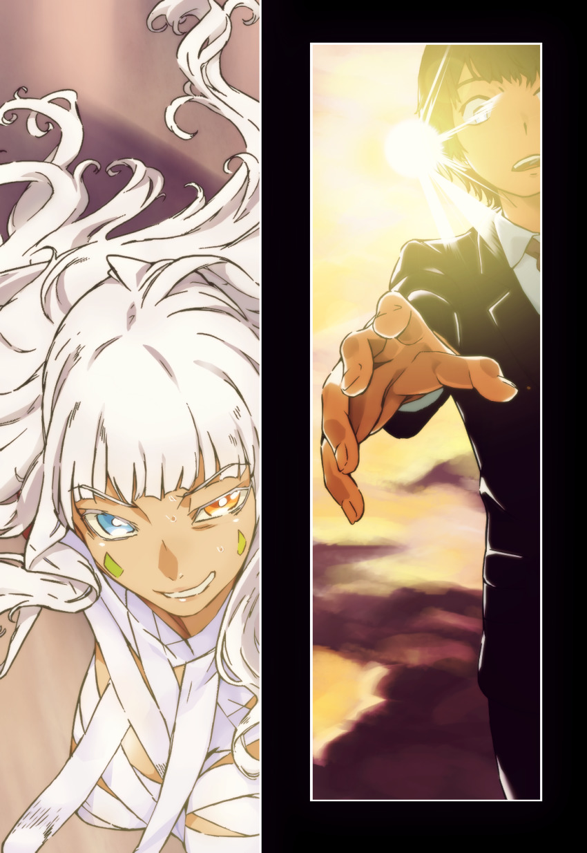 1boy, 1girl, bandages, black_jacket, blue_eyes, breasts, bright_pupils, business_suit