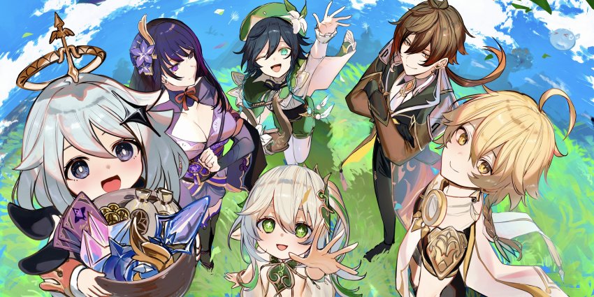 3boys, 3girls, :d, ;d, absurdres, aether_(genshin_impact), ahoge, anniversary