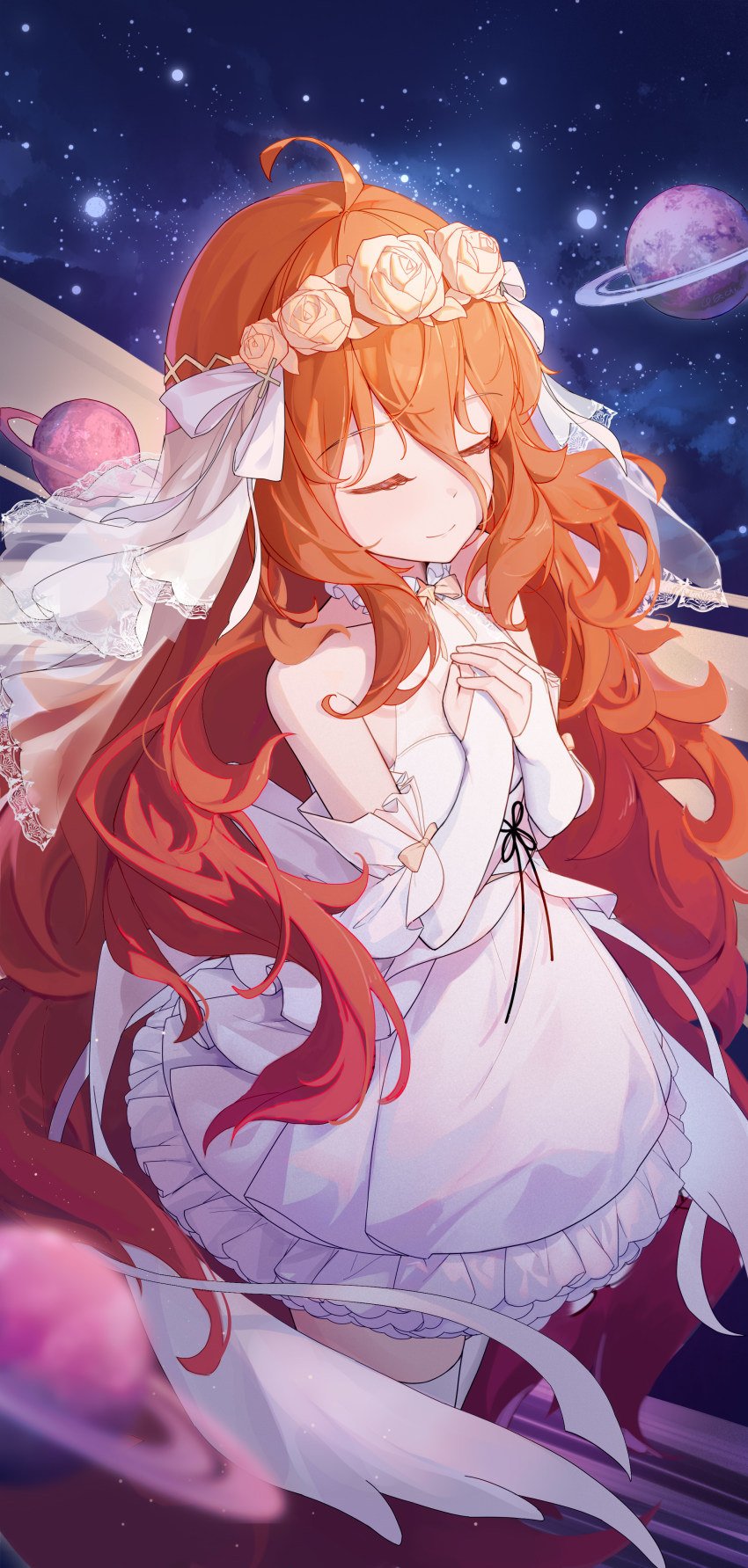 1girl, absurdres, closed_eyes, closed_mouth, cowboy_shot, dress, elbow_gloves, elq_hrqstn