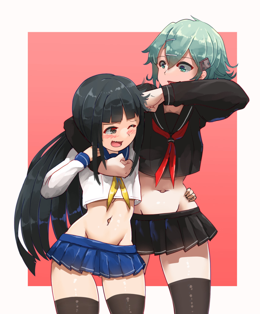 2girls, alternate_costume, ass, bakasp-lilzy, black_eyes, black_hair, black_thighhighs, crop_top