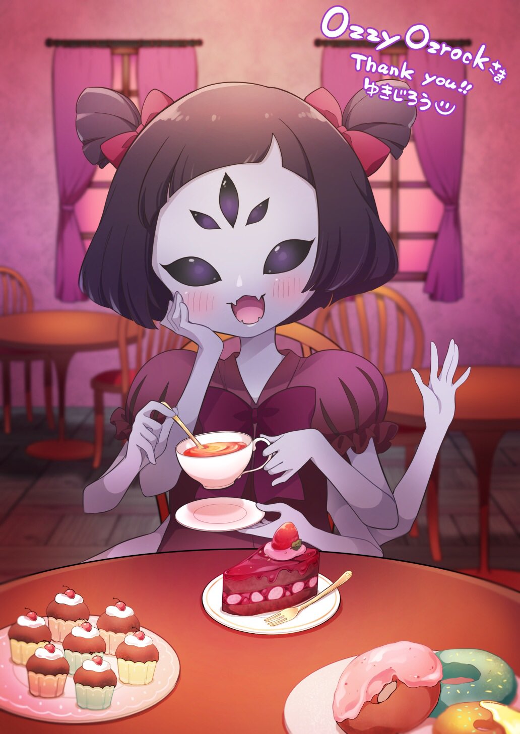 1girl, arthropod_girl, black_hair, blush, bow, cake, chair, cherry, colored_skin, commission, cup, cupcake, curtains, donut, extra_arms, extra_eyes, fangs, female_focus, food, fork, fruit, hair_bow, hand_on_own_cheek, hand_on_own_face, highres, insect_girl, monster_girl, muffet, no_pupils, open_mouth, plate, puffy_short_sleeves, puffy_sleeves, purple_skin, short_sleeves, solo, spider_girl, strawberry, table, tea, teacup, thank_you, two_side_up, undertale, utdr_(toby_fox), window, yukijiro