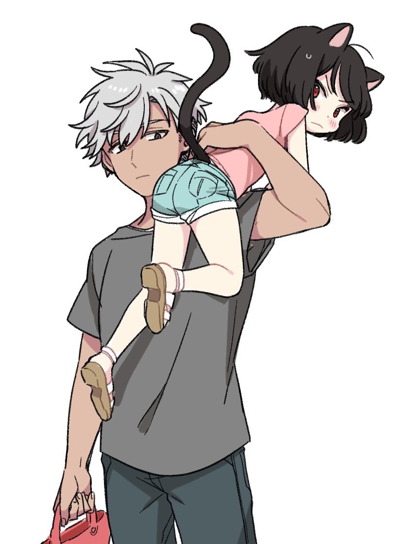 1boy, 1girl, animal_ears, bag, black_hair, bob_cut, carrying, carrying_over_shoulder