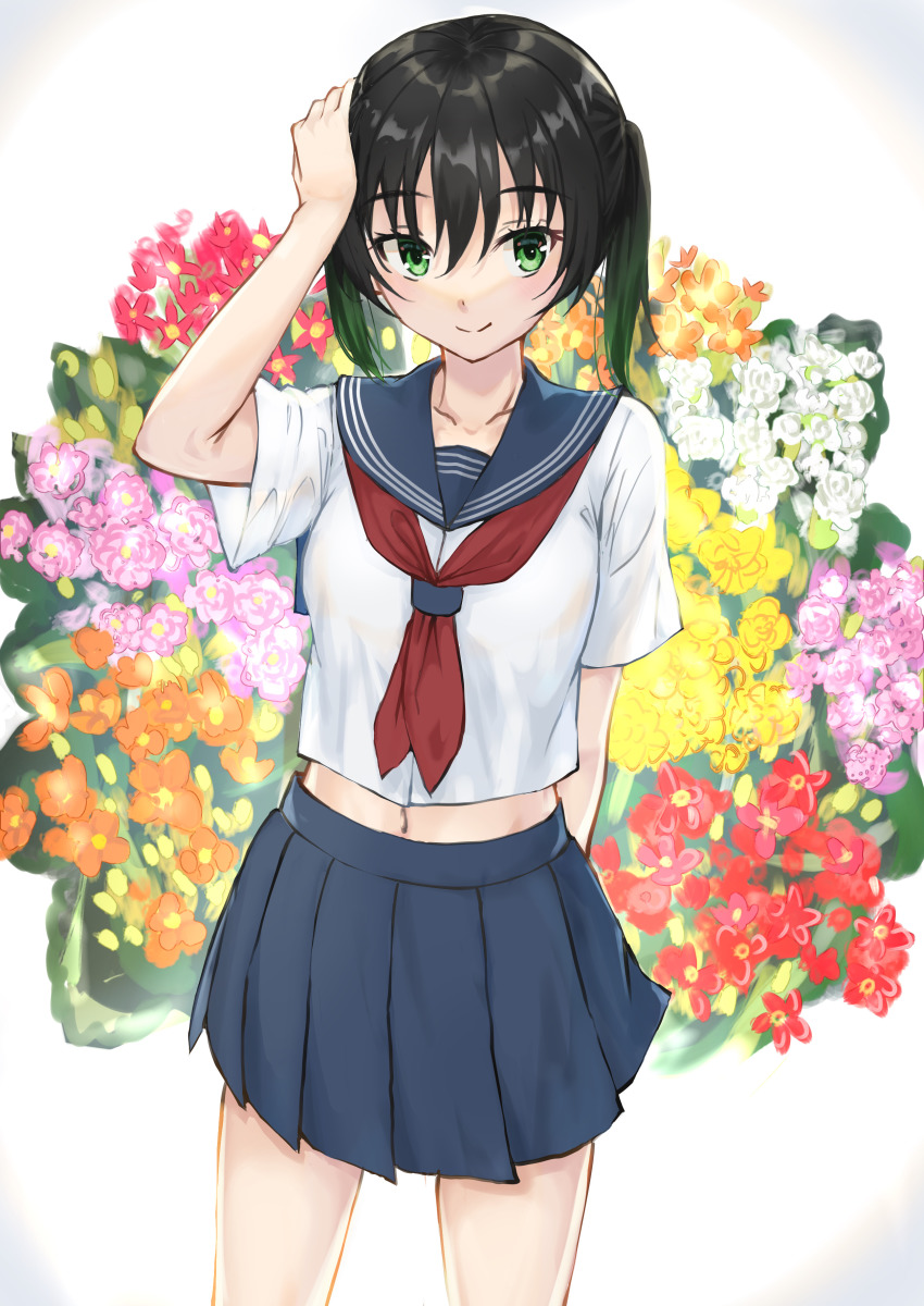 1girl, absurdres, asueli_ex, black_hair, female_focus, flower, gradient_hair, green_eyes