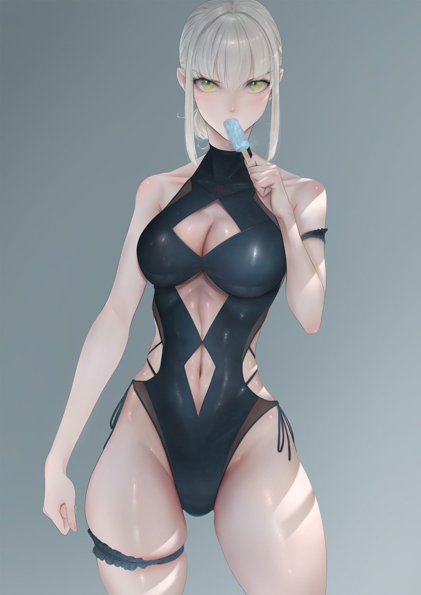 1girl, artoria_pendragon_(fate), bare_shoulders, black_one-piece_swimsuit, blonde_hair, blush, breasts, cleavage
