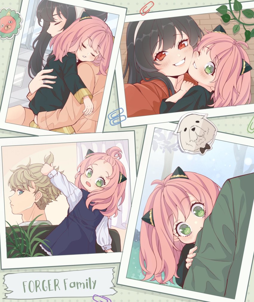 1boy, 2girls, adoptive_parent_and_adoptive_child, ahoge, anya_(spy_x_family), ayacchirin, black_hair, blonde_hair, blush, bond_(spy_x_family), character_pin, child, closed_eyes, commentary, director_chimera_(spy_x_family), dress, eden_academy_school_uniform, english_commentary, eyelashes, father_and_child, father_and_daughter, front_ponytail, gold_trim, grabbing_another's_hair, green_eyes, hairband, hairpods, highres, holding_another's_hair, horn_ornament, horns, long_sleeves, medium_hair, mother_and_child, mother_and_daughter, multiple_girls, paperclip, parent_and_child, photo_(object), pink_hair, puffy_long_sleeves, puffy_sleeves, red_dress, red_eyes, school_uniform, sidelocks, sleeping, smile, spy_x_family, sweater, sweater_dress, twilight_(spy_x_family), white_hairband, yor_briar