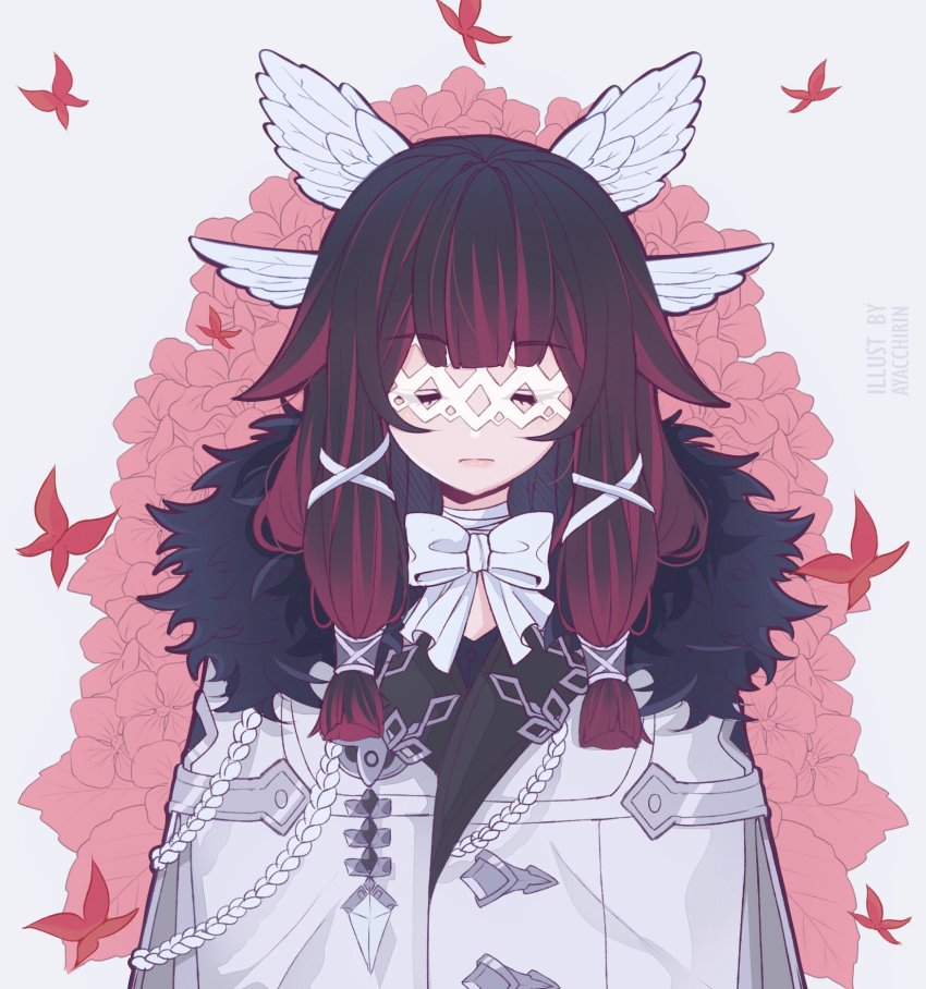 1girl, ayacchirin, black_hair, blunt_bangs, bow, bug, butterfly, closed_eyes