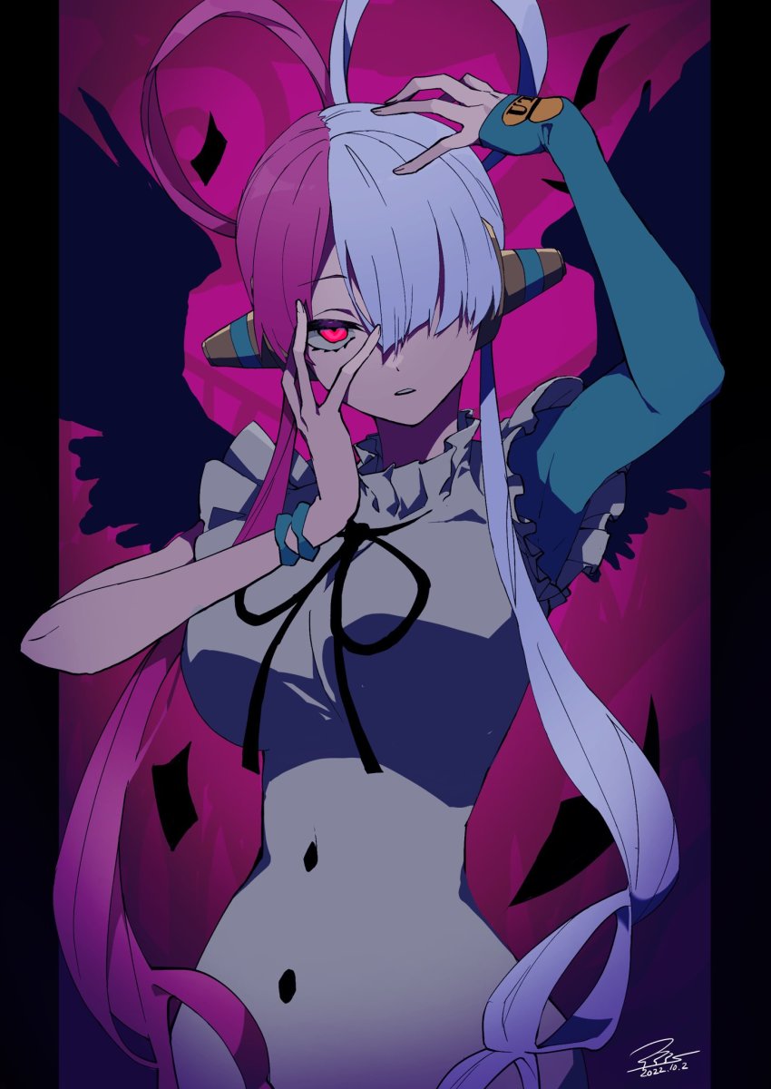 1girl, angel_wings, black_wings, breasts, dress, highres, large_breasts, long_hair, multicolored_hair, one_eye_covered, one_piece, one_piece:_film_red, one_piece_film:_red, ppps, solo, twintails, two-tone_hair, uta_(one_piece), very_long_hair, white_dress, wings