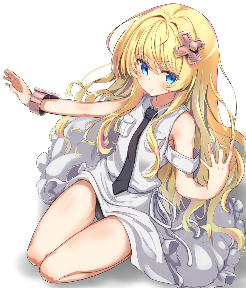 1girl, bare_shoulders, black_necktie, black_panties, blonde_hair, blue_eyes, bracelet, breast_pocket