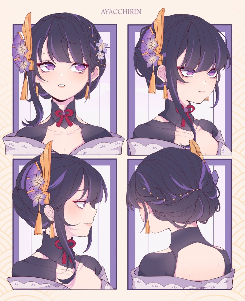 1girl, alternate_hairstyle, ayacchirin, blush, braid, closed_mouth, collarbone, commentary, earrings, english_commentary, eyeshadow, flower, genshin_impact, hair_flower, hair_ornament, highres, jewelry, makeup, mole, mole_under_eye, parted_lips, purple_eyes, purple_hair, raiden_shogun, red_eyeshadow, single_braid, tassel, tassel_earrings