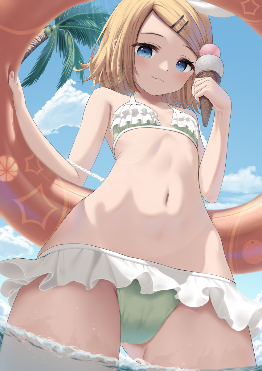 1girl, ass, beach, bikini, blonde_hair, blue_eyes, blue_sky, blush, cameltoe, cloud, eyelashes, female_focus, flat_chest, food, frilled_bikini, frills, from_below, gluteal_fold, green_bikini, hair_ornament, hairclip, highres, holding, holding_food, ice_cream, kagamine_rin, looking_at_viewer, midriff, navel, ocean, outdoors, palm_tree, raimeso235, raised_eyebrows, short_hair, sky, smile, solo, stomach, swimsuit, tagme, thighs, tree, vocaloid, water