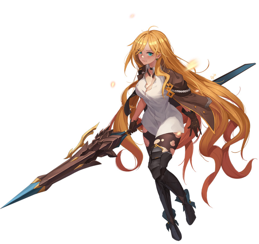 1girl, ahoge, black_boots, black_choker, blonde_hair, blue_eyes, boots, breasts