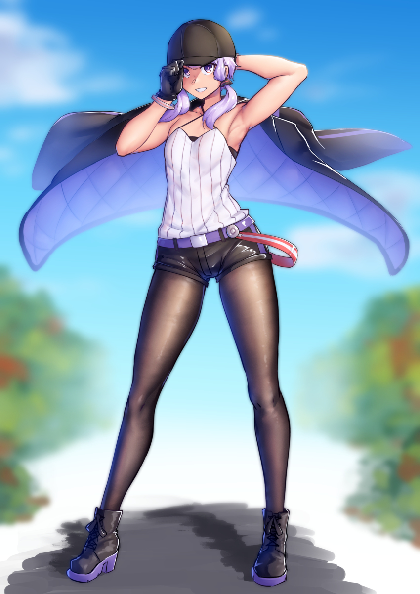 1girl, :d, absurdres, adjusting_clothes, adjusting_headwear, ankle_boots, armpits, arms_up, baseball_cap, black_boots, black_gloves, black_hat, black_jacket, black_pantyhose, black_shorts, blurry, blurry_background, boots, bracelet, criss-cross_halter, day, depth_of_field, flat_chest, full_body, gloves, grin, halterneck, hat, highres, jacket, jacket_on_shoulders, jewelry, looking_at_viewer, nicchi, open_mouth, outdoors, pantyhose, pantyhose_under_shorts, parted_lips, purple_eyes, purple_hair, shirt, short_hair_with_long_locks, short_shorts, shorts, sidelocks, sleeveless, sleeveless_shirt, smile, solo, standing, vocaloid, voiceroid, white_shirt, yuzuki_yukari, yuzuki_yukari_(nagi)