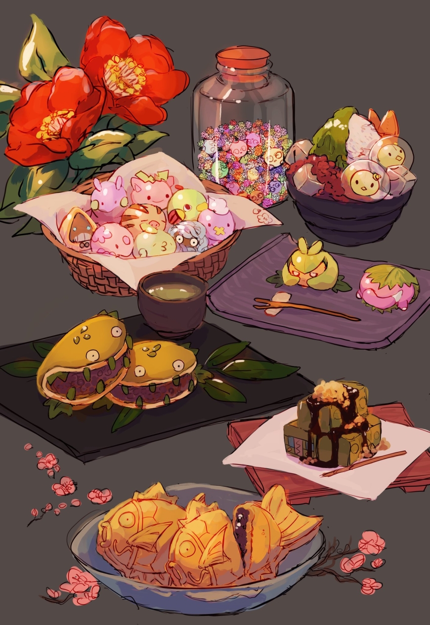 basket, bowl, camellia, candy, carnivine, charjabug, cherry_blossoms, chopstick_rest