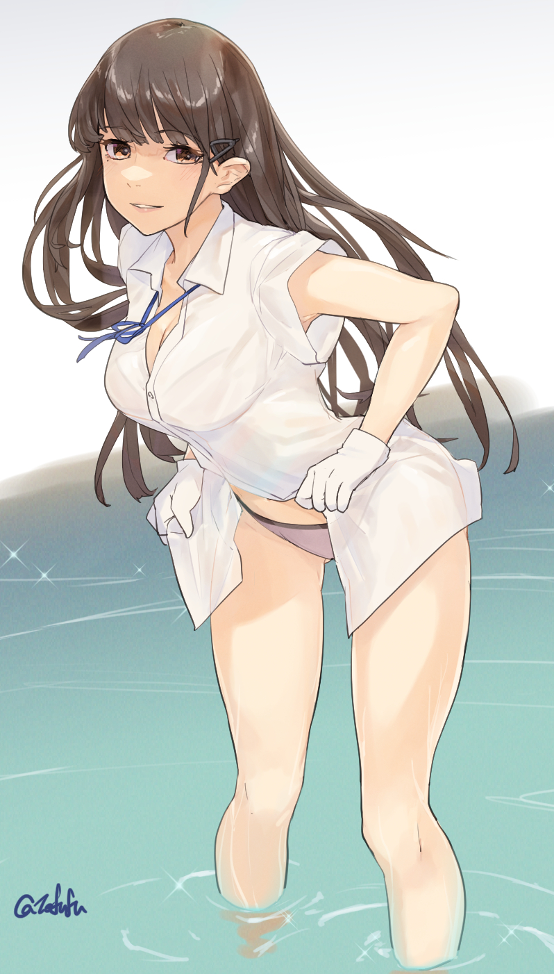 1girl, black_hair, blue_ribbon, blush, breasts, brown_eyes, cleavage, collared_shirt, feet_out_of_frame, fuwafuwatoufu, gloves, hayashio_(kancolle), hayashio_kai_ni_(kancolle), highres, kantai_collection, large_breasts, long_hair, neck_ribbon, one-hour_drawing_challenge, open_mouth, panties, purple_panties, ribbon, shirt, short_sleeves, smile, solo, twitter_username, underwear, white_gloves, white_shirt