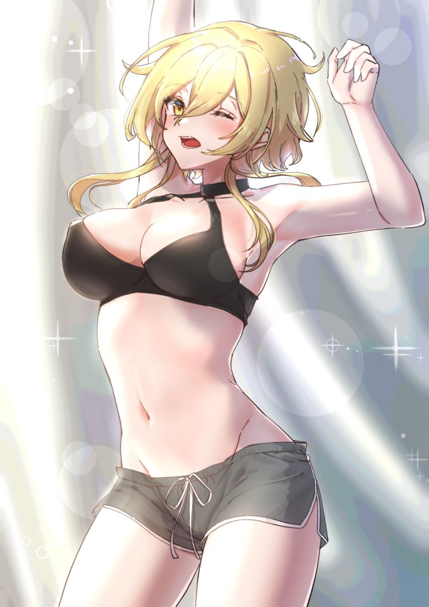 1girl, armpits, arms_up, bare_arms, bare_shoulders, black_choker, blonde_hair, blush