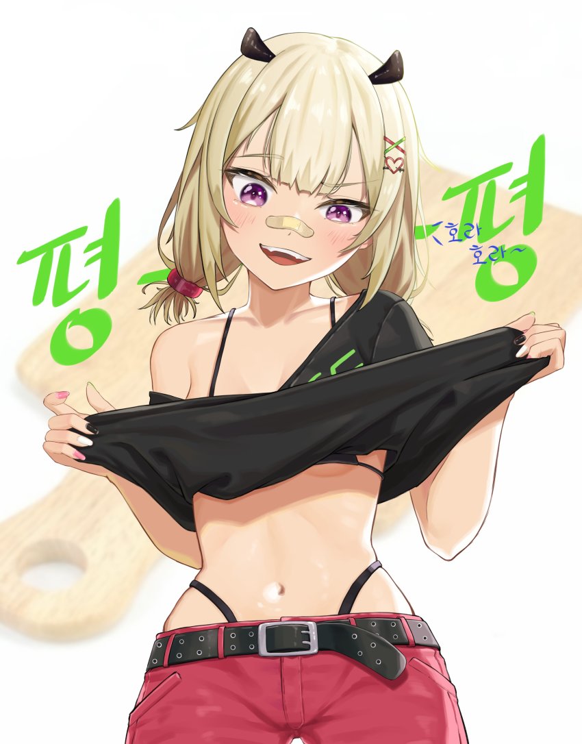 1girl, :d, absurdres, bandaid, bandaid_on_face, bandaid_on_nose, bangom_r, belt