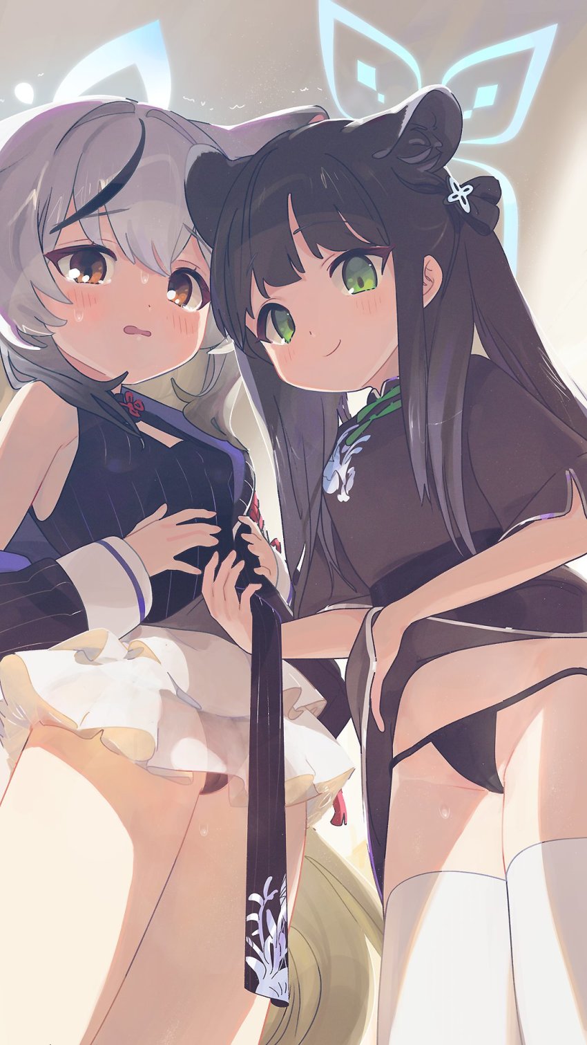 2girls, alphabet_(alphabetnoon), animal_ears, black_dress, black_hair, black_panties, blue_archive, blush, brown_eyes, closed_mouth, clothes_lift, clothing_cutout, commentary_request, dress, dress_lift, green_eyes, grey_hair, halo, highres, kokona_(blue_archive), lifting_own_clothes, lifting_another's_clothes, long_hair, looking_at_viewer, multicolored_hair, multiple_girls, panties, shun_(blue_archive), shun_(small)_(blue_archive), siblings, sisters, smile, standing, streaked_hair, striped_clothes, striped_dress, tears, thighhighs, thighs, underwear, vertical-striped_clothes, vertical-striped_dress, white_thighhighs