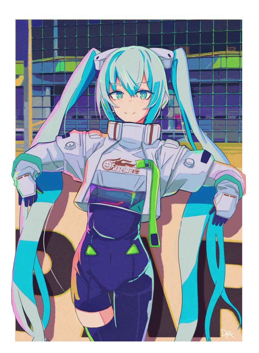 1girl, absurdres, aqua_eyes, aqua_hair, bright_pupils, cropped_jacket, dora_(dr3032), flame_print, gloves, goodsmile_company, goodsmile_racing, hatsune_miku, highres, jacket, logo, long_hair, race_queen, racing_miku, racing_miku_(2022), signature, single_thighhigh, smile, thighhighs, twintails, very_long_hair, vocaloid, white_jacket, white_pupils