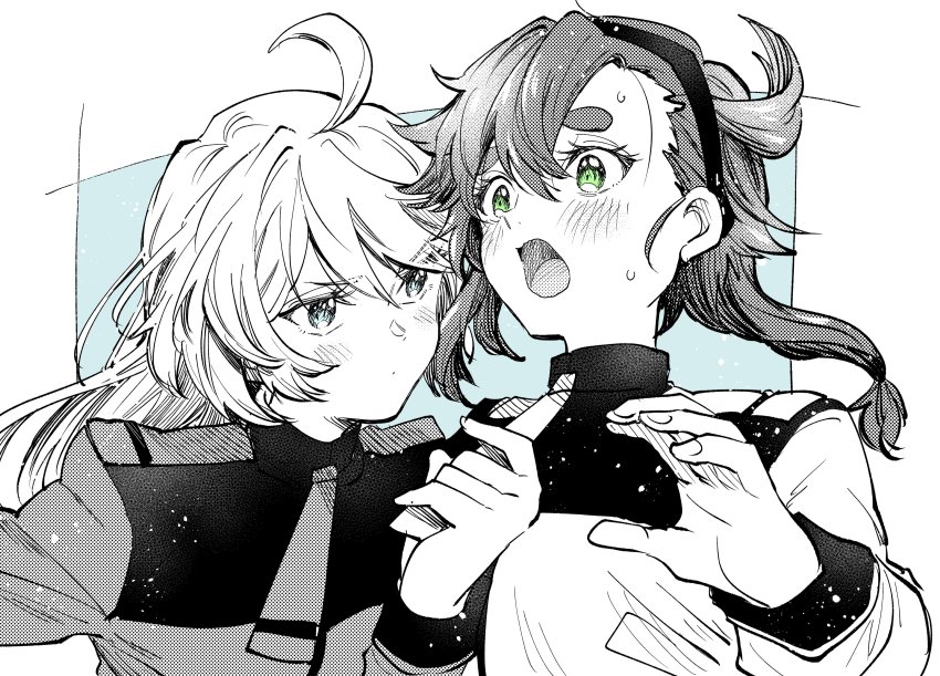 2girls, absurdres, ahoge, black_hairband, blush, commentary, embarrassed, green_eyes