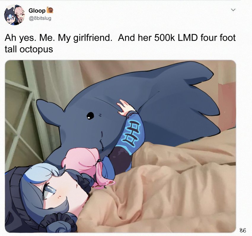 2girls, 500_dollar_four_foot_tall_mareep_(meme), arknights, blue_eyes, blue_hair, blue_jacket, blue_poison_(arknights), bright_pupils