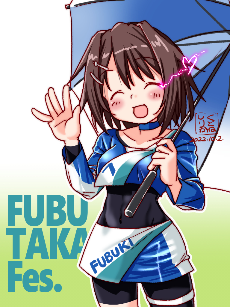 1girl, black_bodysuit, blue_choker, bodysuit, bodysuit_under_clothes, brown_hair, choker, closed_eyes