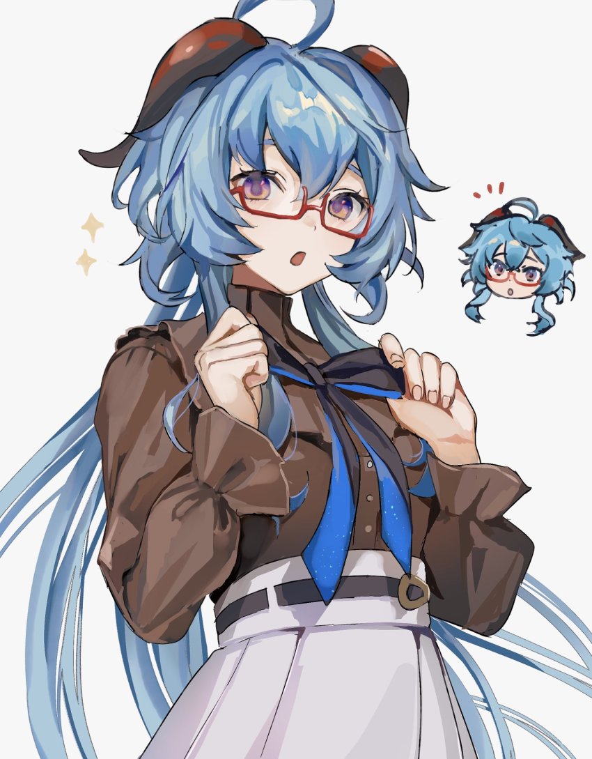 1girl, :o, ahoge, alternate_costume, black_shirt, blue_hair, breasts, buttons