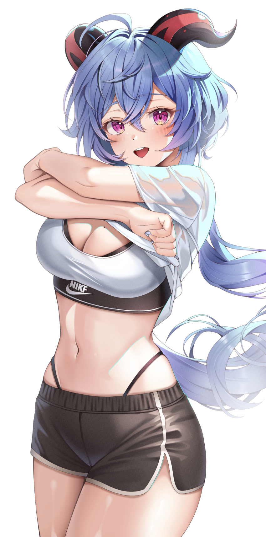 1girl, :d, ahoge, blue_hair, blush, brand_name_imitation, breasts, cowboy_shot, ganyu_(genshin_impact), genshin_impact, goat_horns, highleg, highleg_panties, highres, horns, large_breasts, long_hair, looking_at_viewer, mole, mole_on_breast, open_mouth, panties, purple_eyes, removing, shirt, short_shorts, shorts, side_slit, sidelocks, smile, solo, sports_bra, sportswear, ssong2, underwear, white_background
