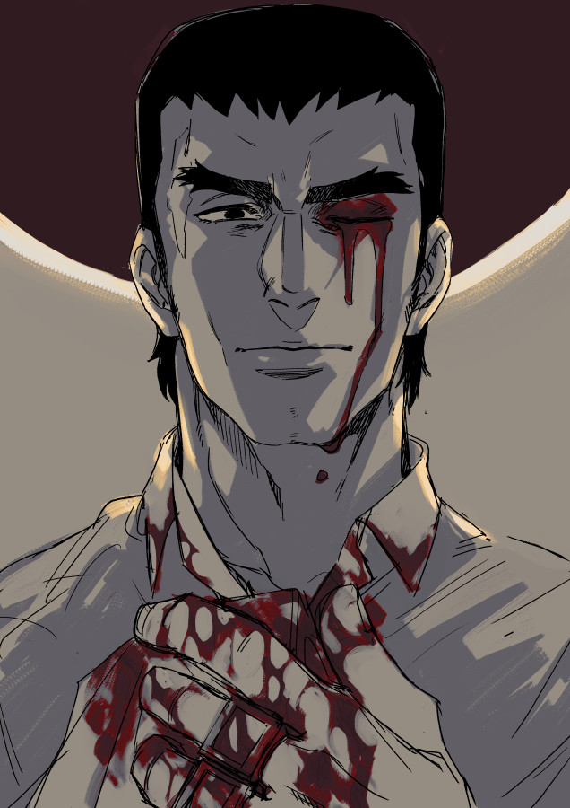 1boy, black_eyes, black_hair, bleeding, blood, blood_on_clothes, blood_on_face, blood_on_hands, dripping, egg_(cknlun), fujimaki_(megalo_box), grey_background, looking_at_viewer, male_focus, megalobox, shirt, simple_background, solo, two-tone_background, upper_body