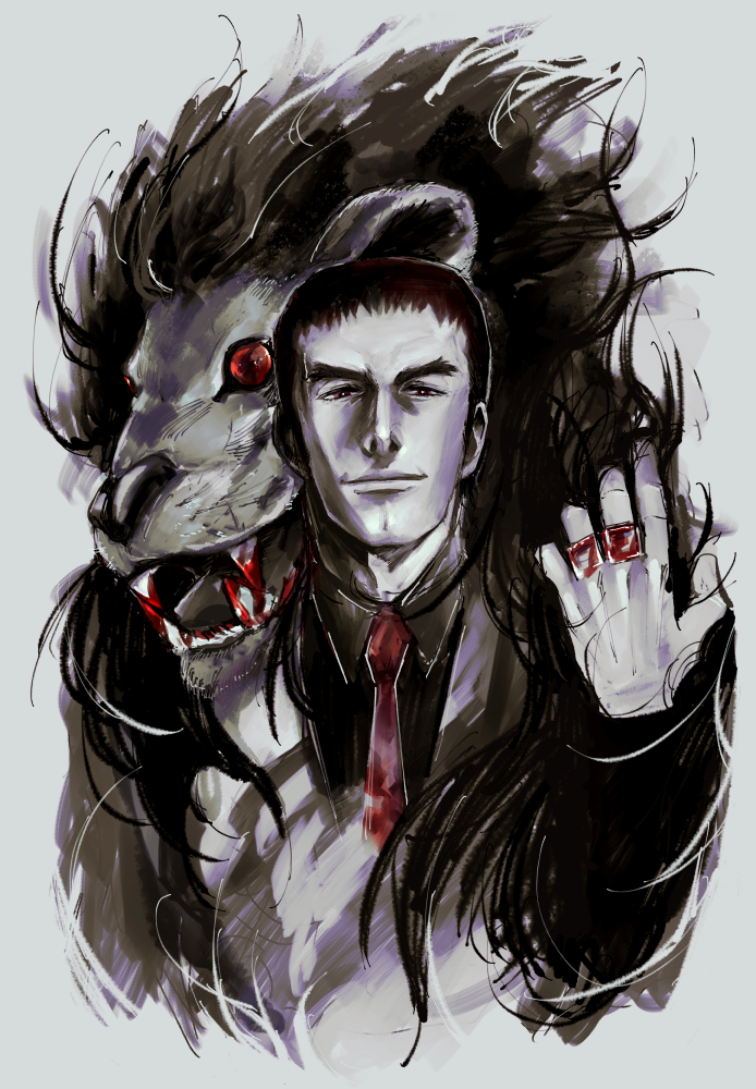 1boy, black_hair, blood, blood_on_teeth, egg_(cknlun), fujimaki_(megalo_box), jewelry, lion, long_sleeves, male_focus, megalobox, necktie, red_eyes, red_necktie, ring, short_hair, solo, teeth, upper_body, vest, white_background