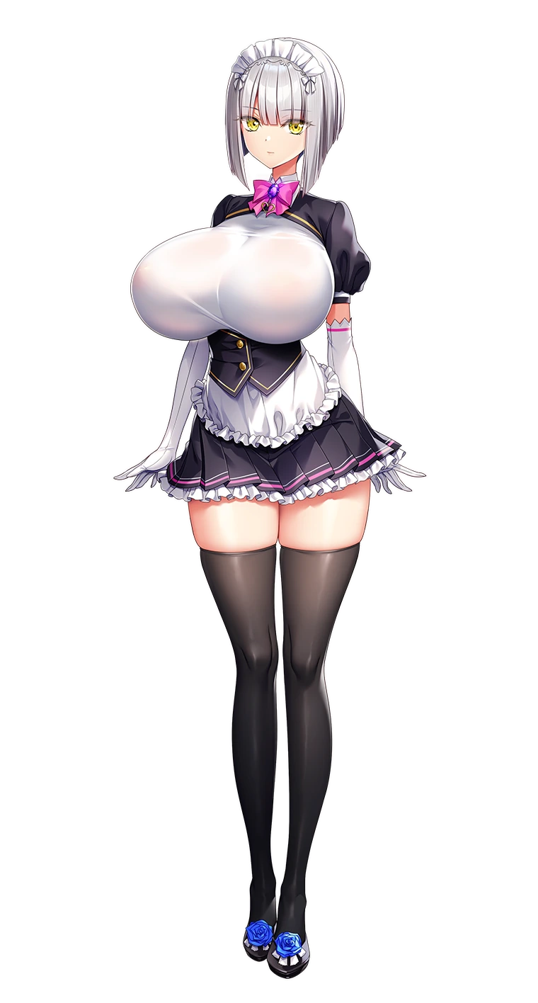 1girl, akagi_rio, apron, bob_cut, breasts, gloves, highres, huge_breasts, maid, maid_apron, maid_headdress, meena_1919, motto!_haramase!_(series), motto!_haramase!_honoo_no_oppai_isekai_oppai_maid_gakuen!, thighhighs, transparent_background, white_hair, yellow_eyes