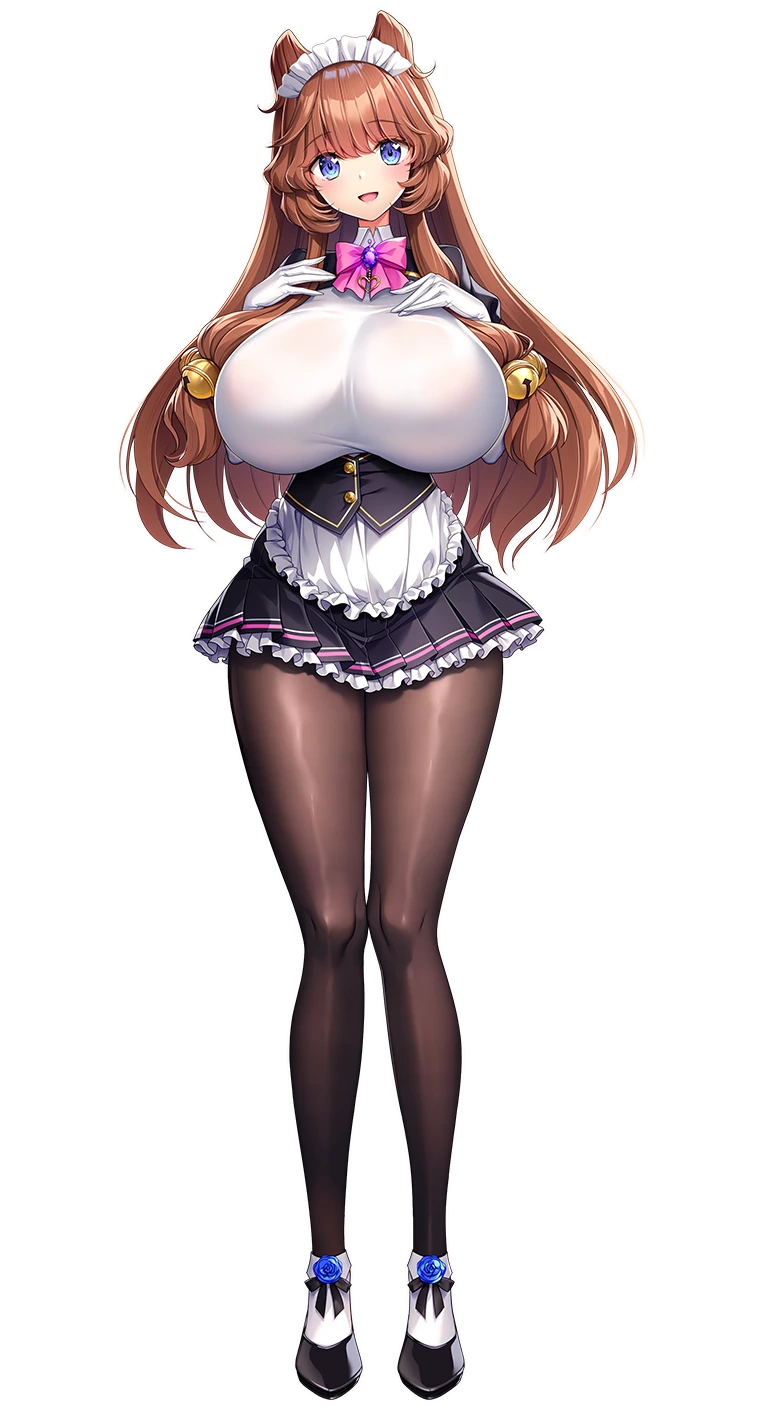 akagi_rio, animal_ears, apron, bell, blue_eyes, breasts, brown_hair, eibel_haurisia, gloves, hair_bell, hair_ornament, high_heels, highres, huge_breasts, long_hair, maid, maid_apron, maid_headdress, motto!_haramase!_(series), motto!_haramase!_honoo_no_oppai_isekai_oppai_maid_gakuen!, pantyhose, parody, smile, transparent_background