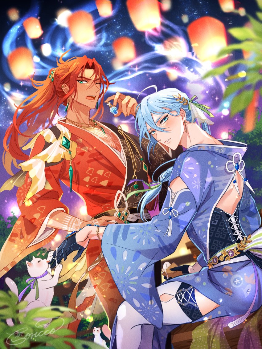 2boys, absurdres, blue_eyes, blue_hair, bodypaint, bottle, brown_eyes, cat