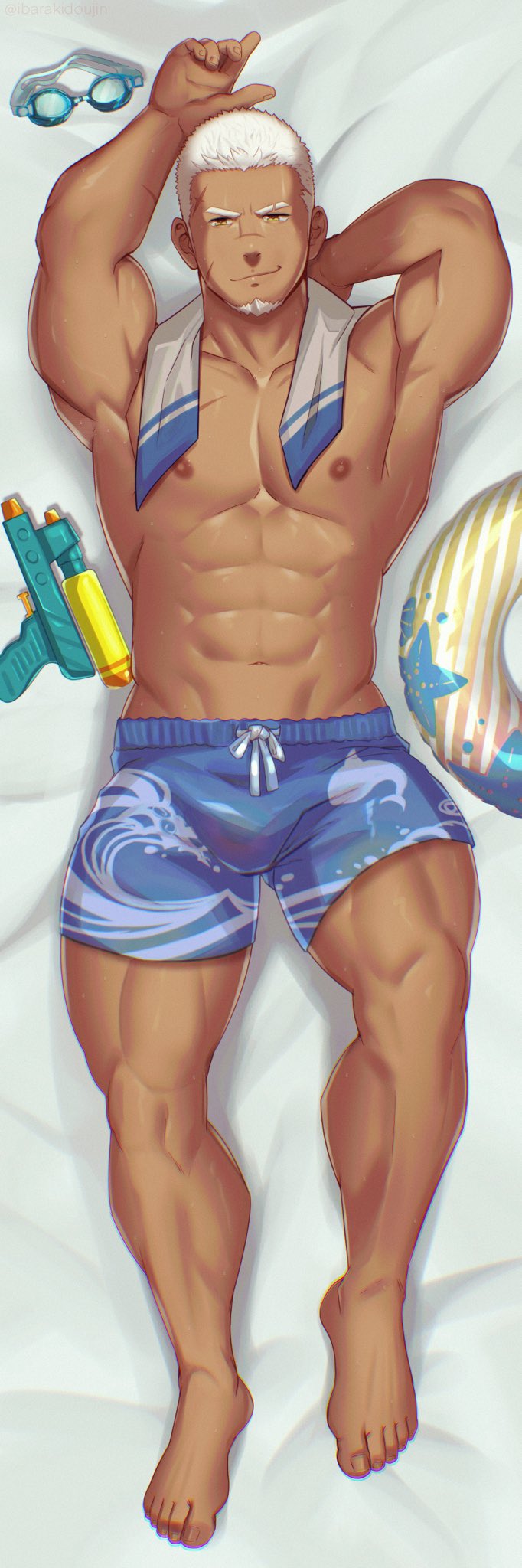 1boy, abs, animal_print, artist_request, bara, blue_male_swimwear, blue_swim_trunks, bulge